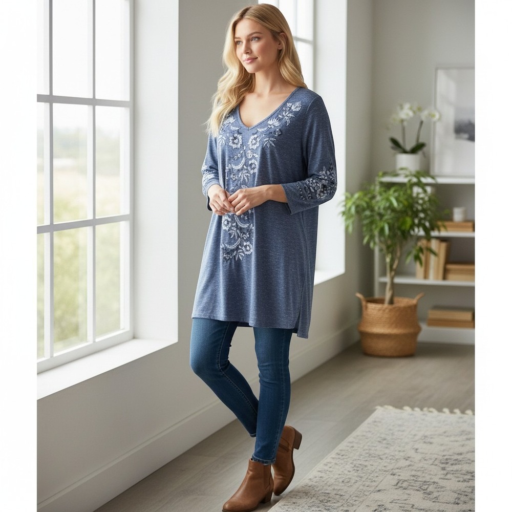 J.Jill Pure Jill Navy Blue Floral Embroidered V-Neck Tunic Top XS - Picture 8 of 8
